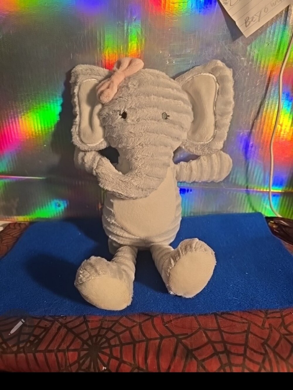 Gray Plush Elephant with Pink Bow Stuffed Animal061626 Chick Pea Gray White Ribb
